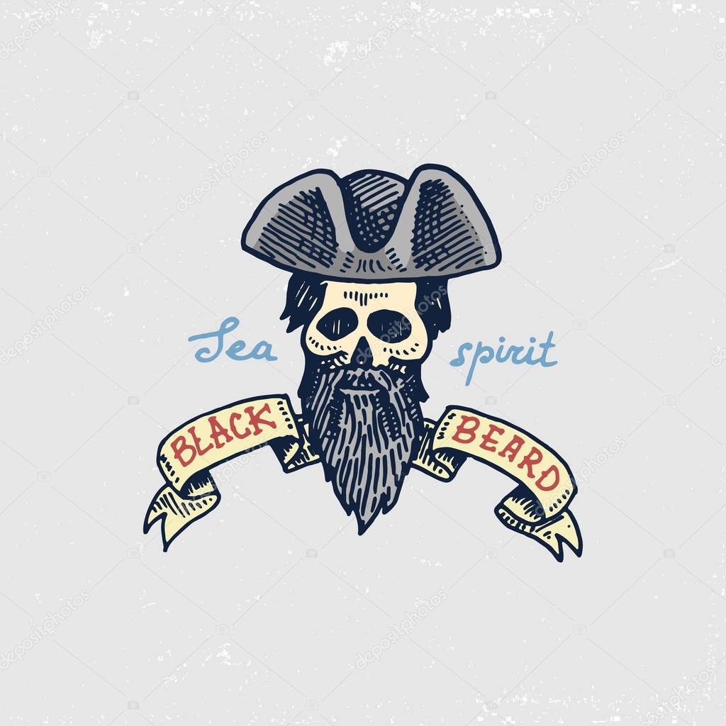 set of engraved, hand drawn, old, labels or badges for corsairs, skull, black beard. Pirates marine and nautical or sea, ocean emblem.