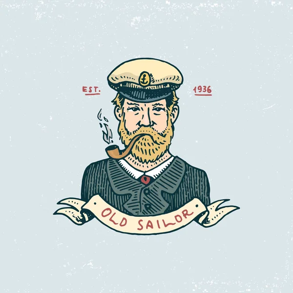 Set of engraved vintage, hand drawn, old, labels or badges for a captain with a pipe. welcome aboard, sailor. Marine and nautical or sea, ocean emblems. — Stock Vector