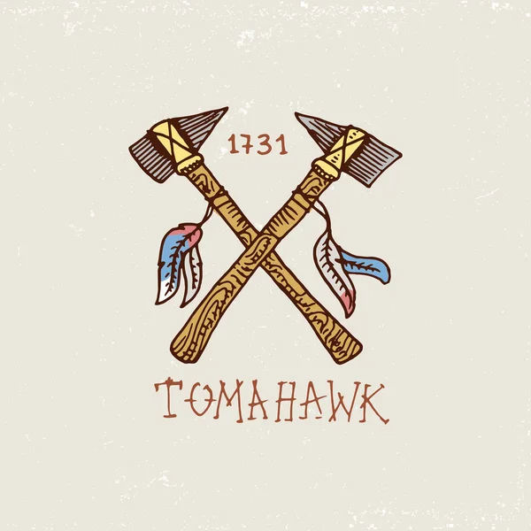 Conjunto de vintage gravado, desenhado à mão, velho, rótulos ou crachás para índio ou nativo americano. machados e tomahawk . — Vetor de Stock