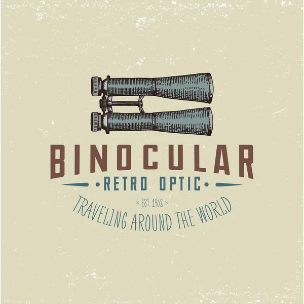 Emblema logotipo binocular ou etiqueta monocular vintage, gravado mão desenhada em esboço ou estilo de corte de madeira, velho olhar instrumento cinético retro para explorar e descobrir . — Vetor de Stock