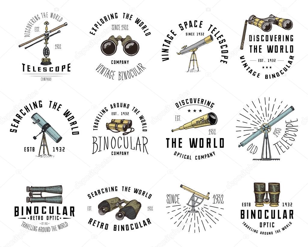 Binocular logo emblem or label astronomical instruments, telescopes oculars and binoculars, quadrant, sextant engraved in vintage hand drawn or wood cut style , old sketch glasses.