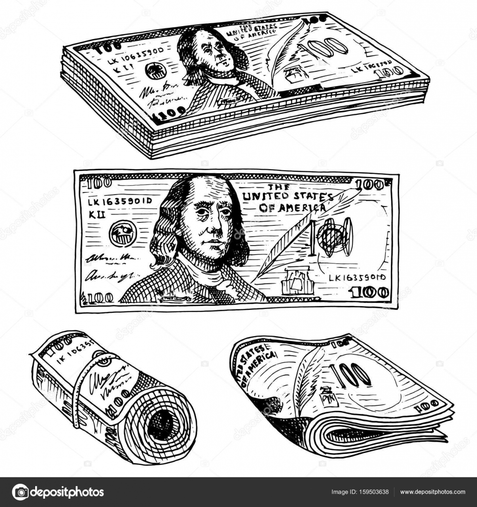 详细的纸币或美国富兰克林绿色100 美元或现金和硬币。刻的手绘在旧的素描样式，老式钱条例草案图标。我们的财务成功。包和钱包里的黄金.  图库矢量图©ArthurBalitskiy 159503638