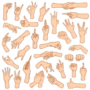 Tamam, silah dur, palm, başparmak yukarıya, parmak işaretçi, gibi ve dua jestleri veya el sıkışma, yumruk ve barış veya rock n roll. oyulmuş elle çizilmiş eski kroki tarzı, duygu ve işaretler vintage koleksiyonu.