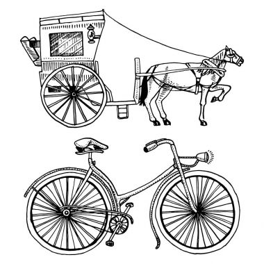 Horse-drawn carriage or coach and bicycle, bike or velocipede. travel illustration. engraved hand drawn in old sketch style, vintage transport. clipart