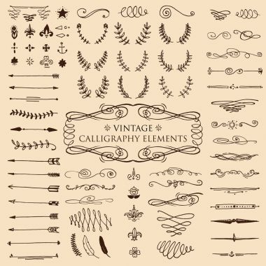 Huge pack or set engraved hand drawn in old or antique sketch style, vintage flourishes calligraphic design elements decorations. logo or emblems, retro label and badge. ornaments and monograms. clipart