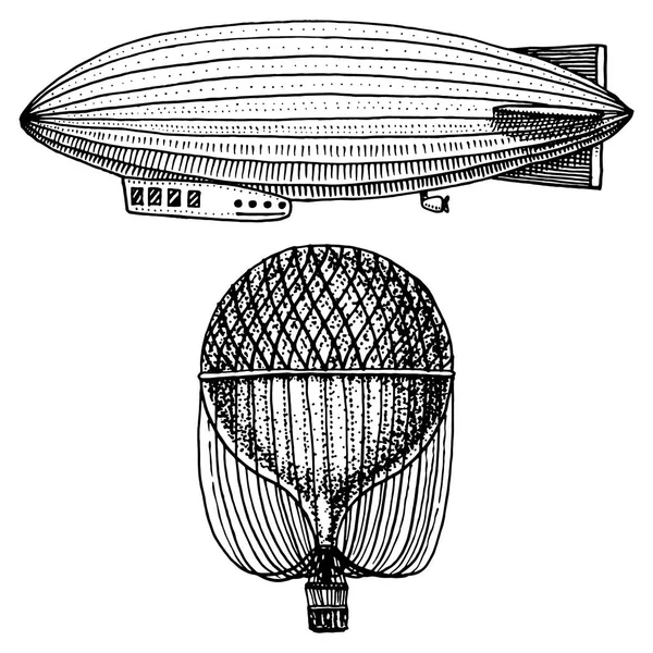 Sterowiec lub zeppelin sterowiec lub sterowiec, powietrze balon lub aerostat ilustracja. Dla podróży. grawerowane ręcznie rysowane w stary styl szkic, vintage transportu. — Wektor stockowy