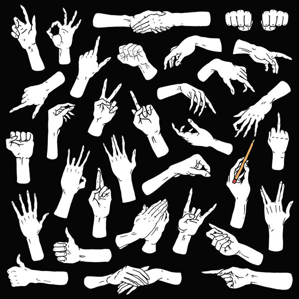 Жесты руки останавливаются, ладони, большие пальцы вверх, указатель пальца, хорошо, как и молиться или рукопожатие, кулак и мир или рок-н-ролл. гравированная рука в старом стиле эскиза, винтажная коллекция эмоций и знаков
.