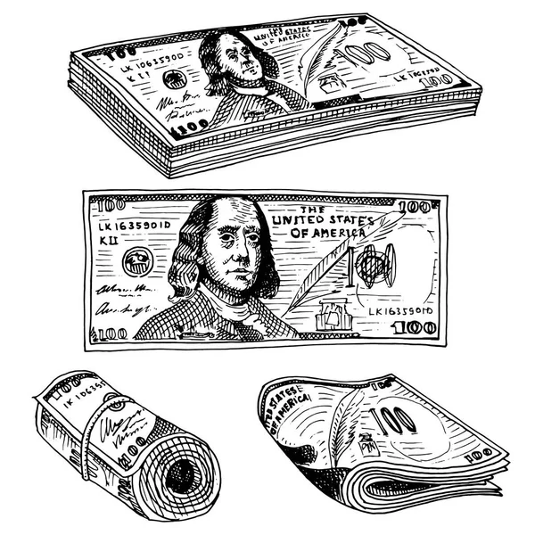 Detailed currency banknotes or american Franklin Green 100 dollars or cash and coin. engraved hand drawn in old sketch style, vintage money bill icons. financial success of US. Bag or purse of gold. — Stock Vector