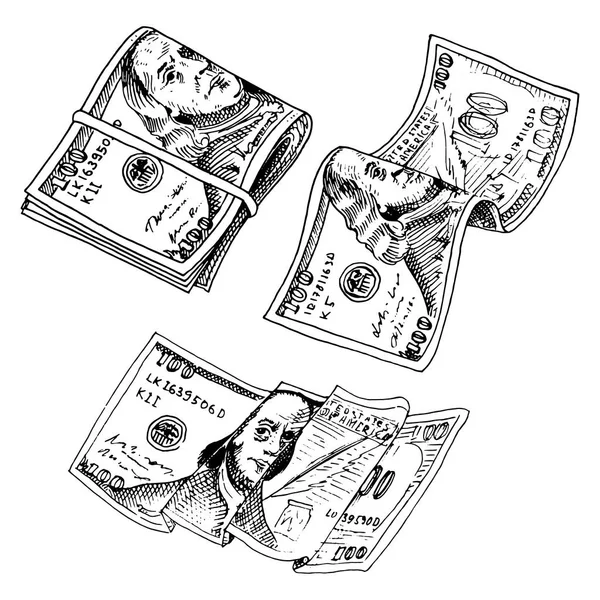 Detaillierte Banknoten oder amerikanische Franklins grüne 100-Dollar-Scheine oder Bargeld und Münzen. eingravierte Hand im alten Skizzenstil, Vintage-Geldschein-Ikonen. finanziellen Erfolg von uns. Tasche oder Geldbörse mit Gold. — Stockvektor