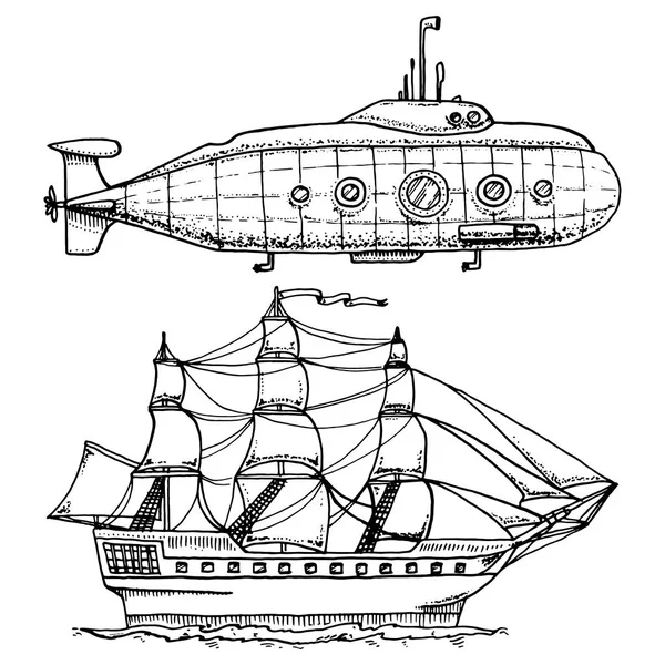 Inmersiones desde submarino militar o submarino con periscopio hasta aguas profundas. crucero o ilustración de velero. mano grabada dibujada en estilo de boceto antiguo, transporte vintage . — Archivo Imágenes Vectoriales