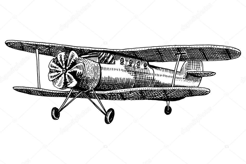 set of passenger airplanes corncob or plane aviation travel illustration. engraved hand drawn in old sketch style, vintage transport.