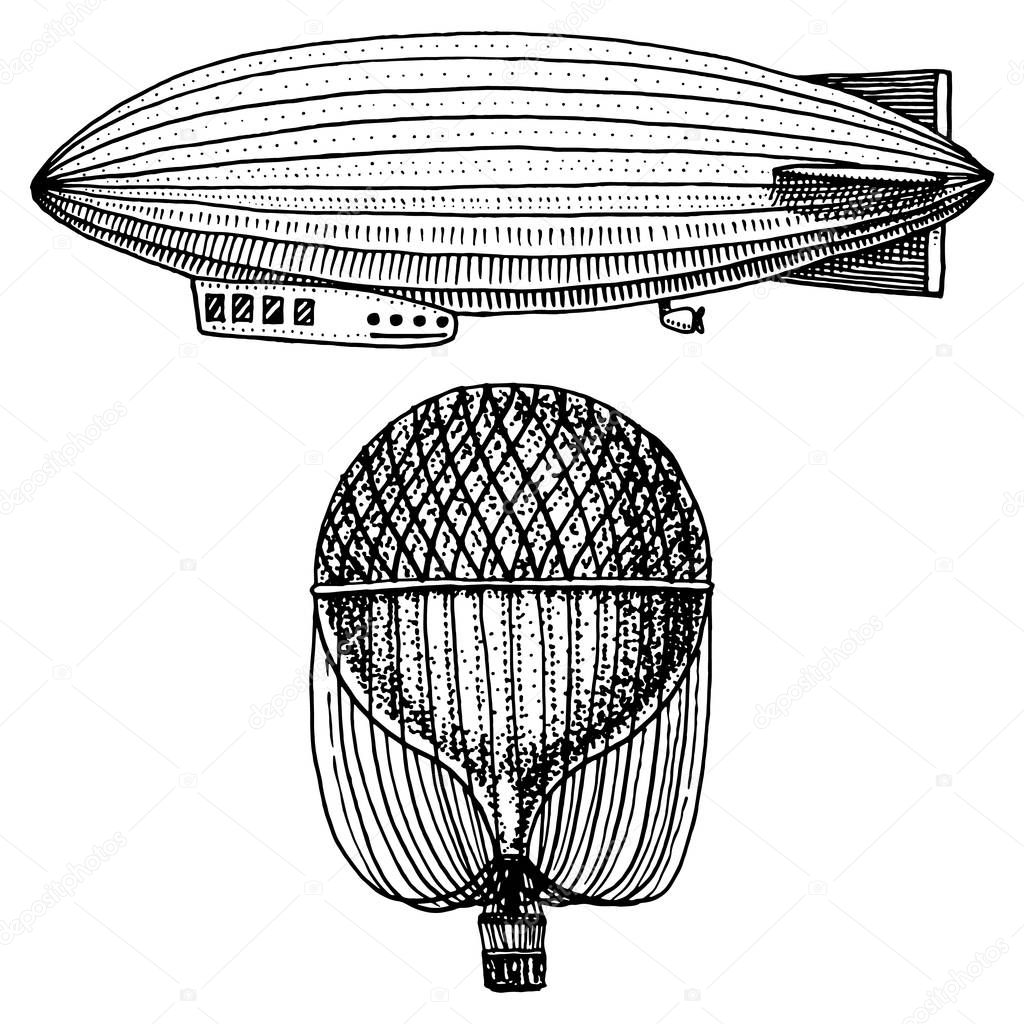 airship or zeppelin and dirigible or blimp, air balloon or aerostat illustration. For travel. engraved hand drawn in old sketch style, vintage transport.