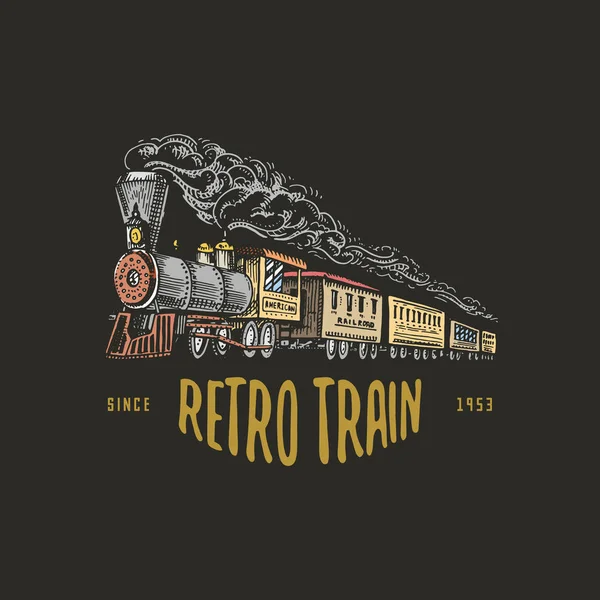새겨진된 빈티지, 손으로 그려진, 오래 된 기관차 또는 미국 철도에 증기 기차. 레트로 전송. — 스톡 벡터
