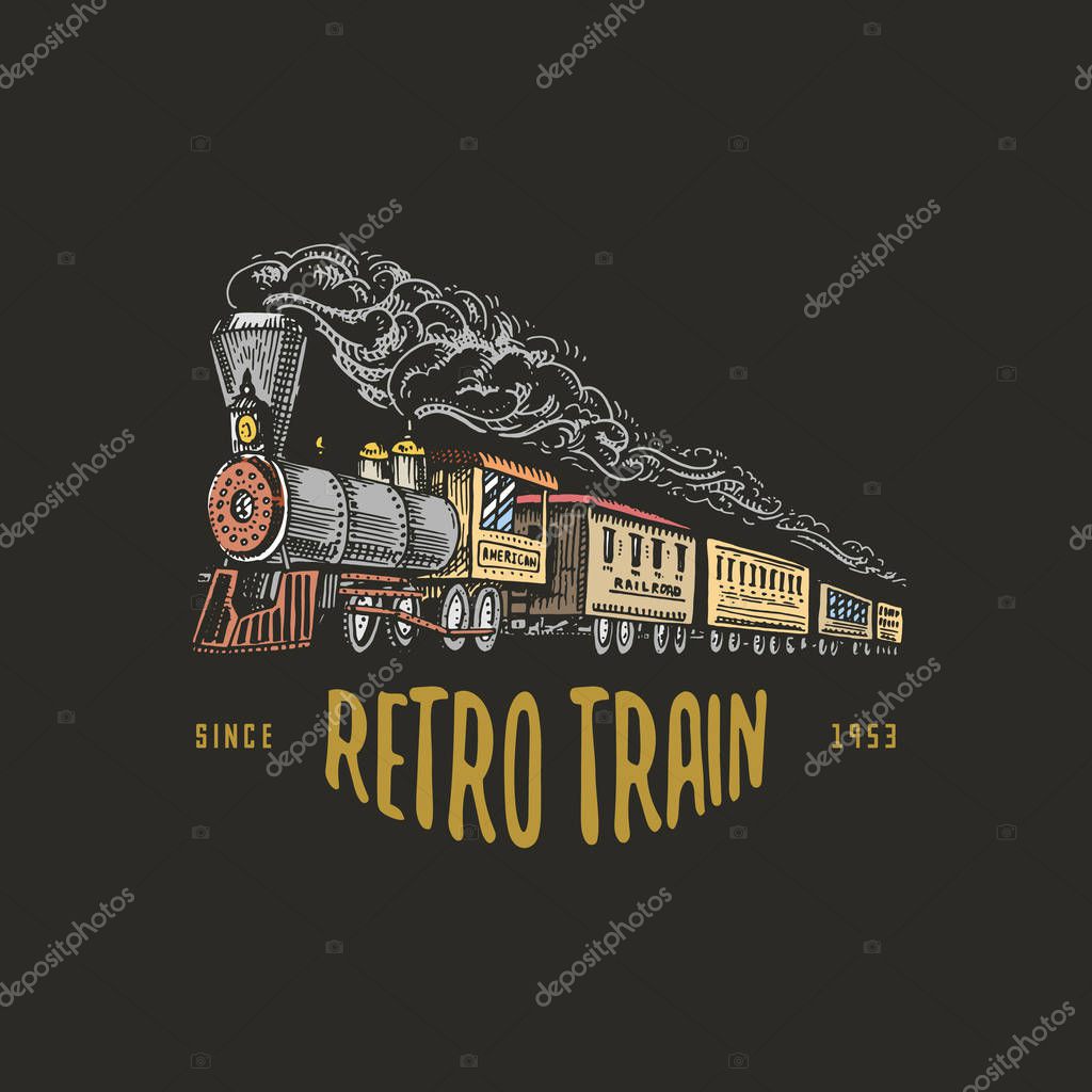 Engraved vintage, hand drawn, old locomotive or train with steam on american railway. retro transport