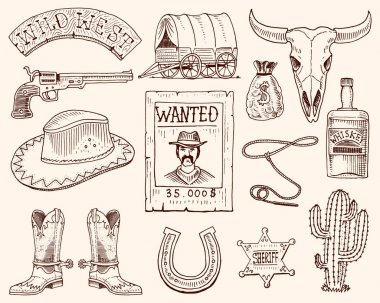 Vahşi Batı, rodeo gösterisi, kovboy veya Kement Kızılderililer. şapka ve silah, kaktüs Şerif yıldız ve bizon, at nalı ve aranan poster ile önyükleyin. elle çizilmiş eski kroki kazınmış veya ve vintage tarzı.