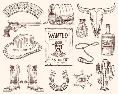 Wild west, rodeo show, cowboy or indians with lasso. hat and gun, cactus with sheriff star and bison, boot with horseshoe and wanted poster. engraved hand drawn in old sketch or and vintage style. clipart