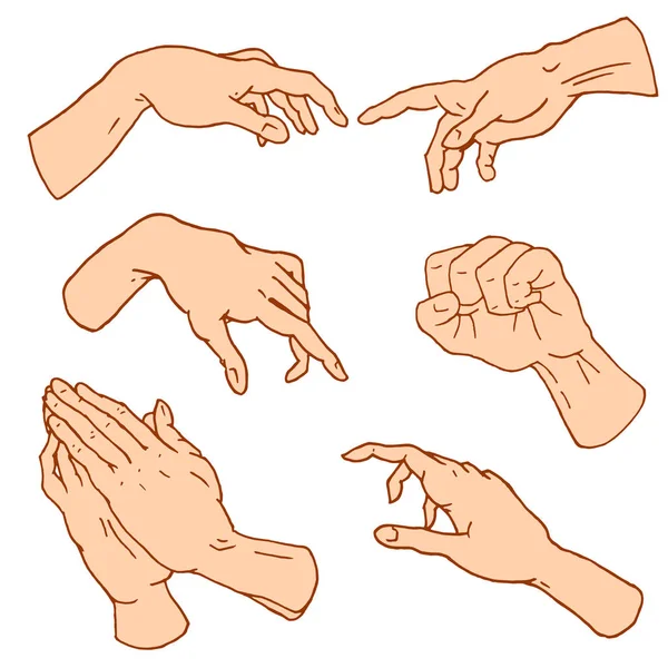 Gestures arms stop, palm, thumbs up, finger pointer, ok, like and pray or handshake, fist and peace or rock n roll. engraved hand drawn in old sketch style, vintage collection of emotion and signs. — Stock Vector