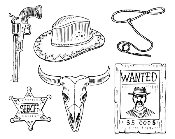 Wild west, rodeo show, cowboy vagy a lasszó indiánok. kalap és a pisztoly, kaktusz, patkó, a seriff star és a bölény, bika koponya és a wanted poszter. vésett kézzel készült régi vázlat és vintage stílusban. — Stock Vector