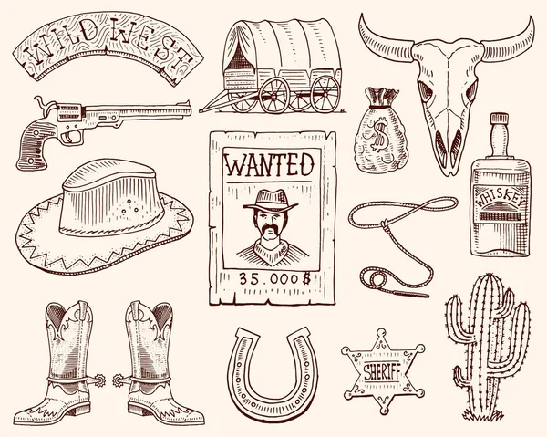Vilda västern, rodeo Visa, cowboy eller indier med lasso. hatt och pistol, cactus med sheriff star och bison, starta med hästsko och ville affisch. graverade hand dras i gamla skiss eller och vintage stil. — Stock vektor