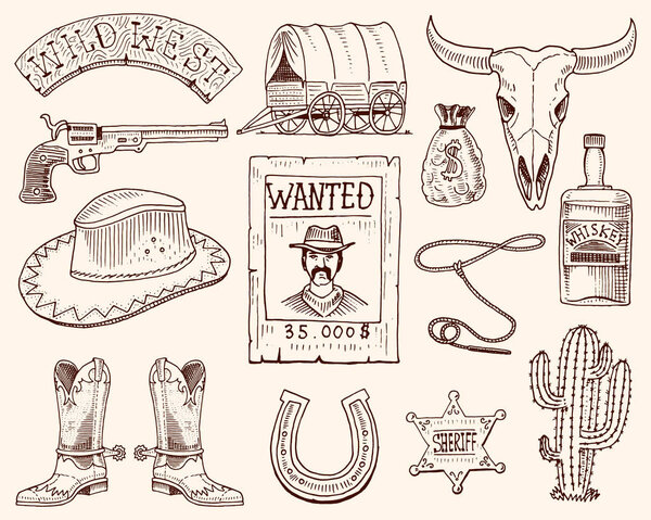 Дикий Запад, родео шоу, ковбой или индейцы с лассо. шляпа и пистолет, кактус со звездой шерифа и бизоном, сапоги с подковами и плакат о розыске. гравированная рука, нарисованная в старом эскизе или винтажном стиле
.