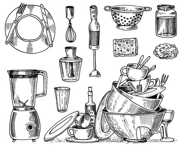 colander, blender and juicer, dirty dishes, jam and sponge for washing. Chef and dirty kitchen utensils, cooking stuff for menu decoration. engraved hand drawn in old sketch or and vintage style.