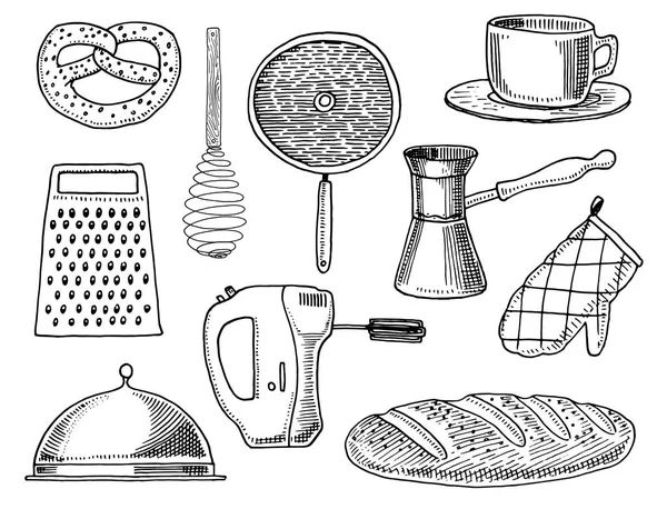 刨丝器和扫，炒锅，咖啡、 茶、 混频器、 烤的面包杯土耳其人。厨师和厨房用具，烹饪菜单装饰的东西。旧的素描和复古风格绘制的刻的手. — 图库矢量图片