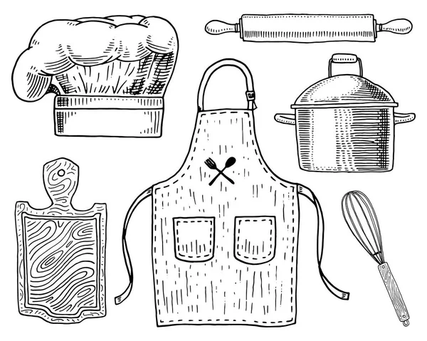 Apron or pinaphora and Hood, rolling pin and saucepan or corolla, wooden board. Chef and kitchen utensils, cooking stuff for menu decoration. engraved hand drawn in old sketch and vintage style. — Stock Vector