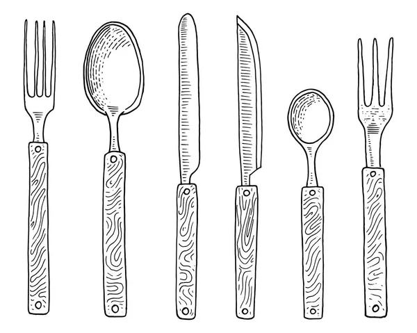 istiridye, dondurma kaşık ve bıçak tatlı veya tereyağı ve pişirme için yemek veya aperatif çatal. mutfak eşyaları, menü dekorasyon için şeyler yemek. oyulmuş elle çizilmiş eski kroki ve vintage tarzı.