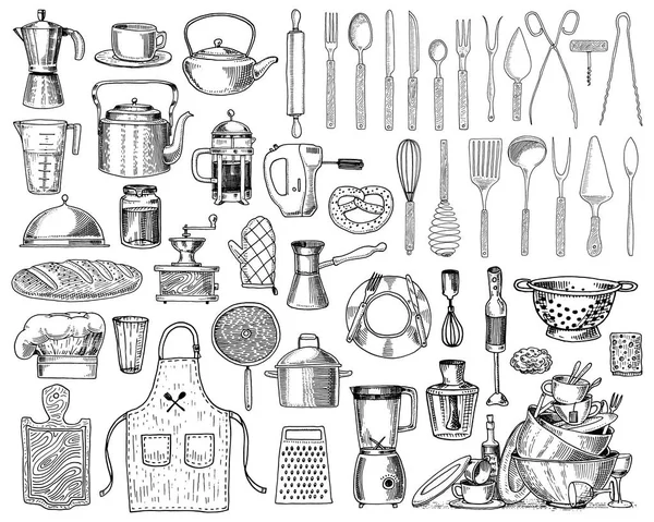 Apron or pinaphora and Hood, rolling pin and saucepan or corolla, wooden board. Chef and dirty kitchen utensils, cooking stuff for menu decoration. engraved hand drawn in old sketch and vintage style. — Stock Vector