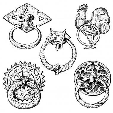Detail ancient building. architectural ornamental elements, wooden door knob, knocker or handles. Rooster and mouse. engraved hand drawn in old sketch, vintage and Antique, baroque or gothic style. clipart