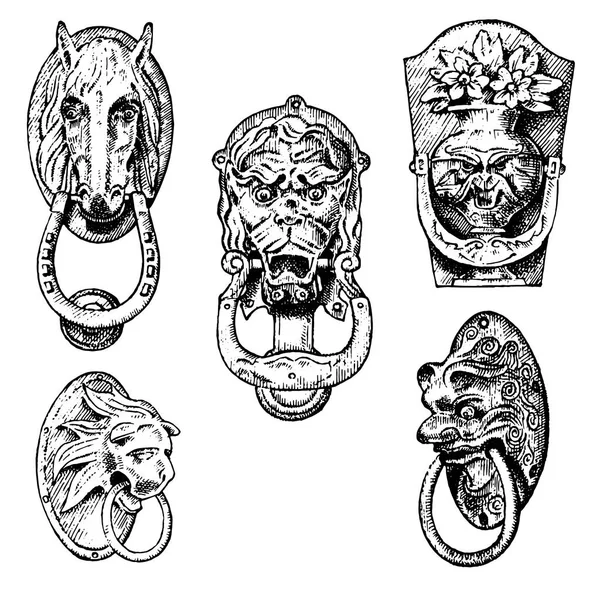 Detail ancient building. architectural ornamental elements, wooden door knob, knocker or handles. lion and horse. engraved hand drawn in old sketch, vintage and Antique, baroque or gothic style. — Stock Vector