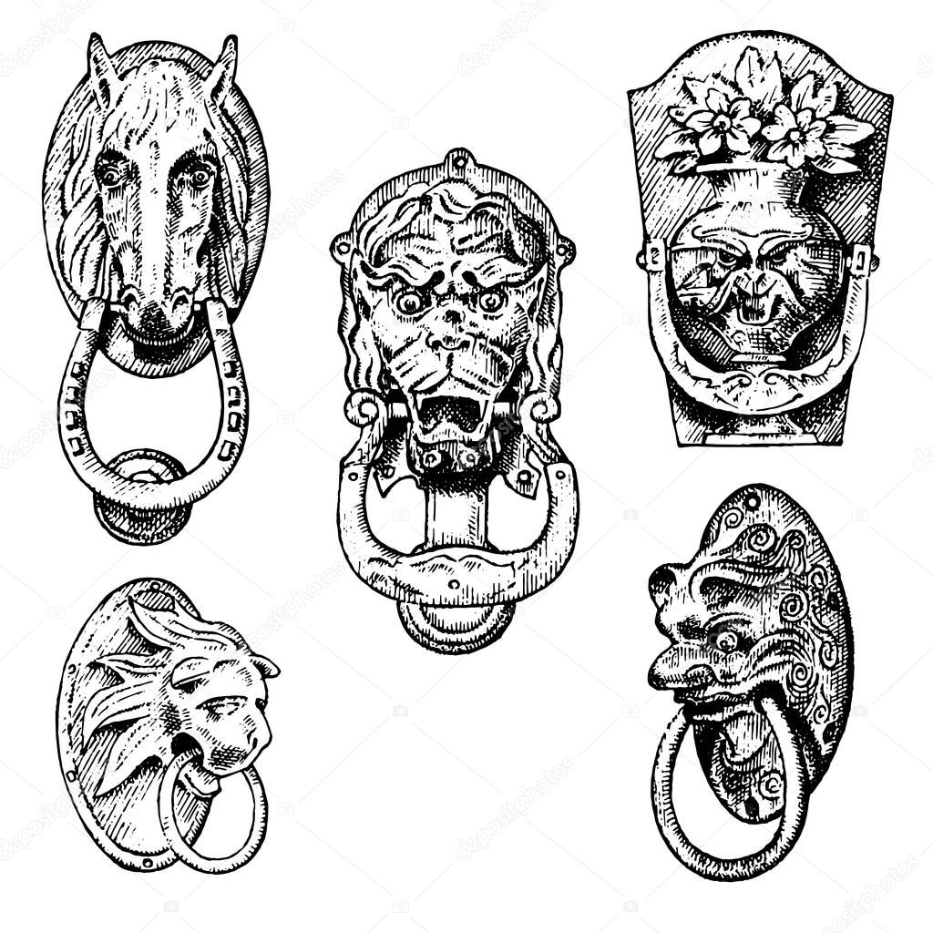 Detail ancient building. architectural ornamental elements, wooden door knob, knocker or handles. lion and horse. engraved hand drawn in old sketch, vintage and Antique, baroque or gothic style.