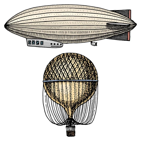 Airshipen eller zeppelin och styrbara eller luftskepp, air ballongen eller Aerosolen illustration. För resor. graverade handritad i gammal skiss stil, vintage transport. — Stock vektor