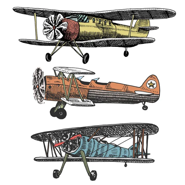 Ensemble d'avions de passagers épi de maïs ou avion illustration de voyage d'aviation. gravé à la main dessiné dans le style ancien croquis, transport vintage . — Image vectorielle