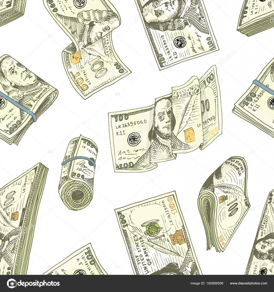 详细的纸币或美国富兰克林绿色100 美元或现金和硬币。刻的手绘在旧的素描样式，老式钱条例草案图标。无缝模式。包和钱包里的黄金.  图库矢量图©ArthurBalitskiy 160888596