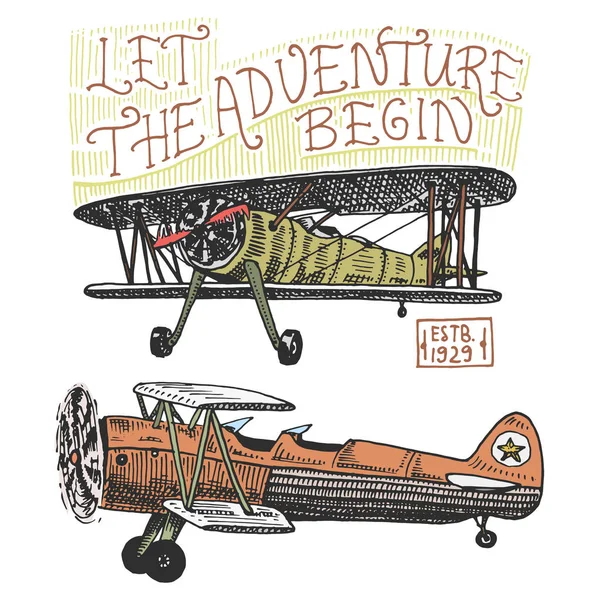 Conjunto de aviones de pasajeros mazorca de maíz o avión ilustración de viajes de aviación. mano grabada dibujada en estilo de boceto antiguo, transporte vintage . — Vector de stock