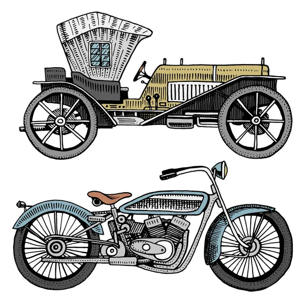 Clássico carro, máquina ou motor e moto ou moto ilustração. mão gravada desenhada em estilo antigo esboço, transporte vintage . —  Vetores de Stock