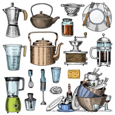 Kahve makinesi veya değirmeni, Fransız basın, ölçüm kapasitesi, kevgir veya blender. Şef ve kirli mutfak gereçleri, menü dekorasyon için şeyler yemek. oyulmuş elle çizilmiş eski kroki, vintage tarzı.