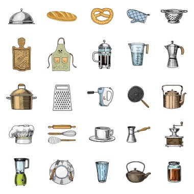 Önlük veya pinaphora ve Hood, oklava ve tencere veya corolla, ahşap tahta. Şef ve kirli mutfak gereçleri, menü dekorasyon için şeyler yemek. oyulmuş elle çizilmiş eski kroki ve vintage tarzı.