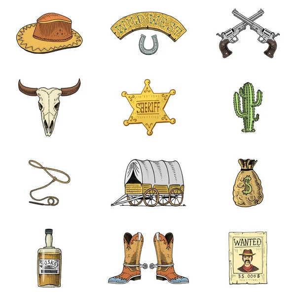 Vilda västern, rodeo Visa, cowboy eller indier med lasso. hatt och pistol, cactus med sheriff star och bison, starta med hästsko och ville affisch. graverade hand dras i gamla skiss eller och vintage stil. — Stock vektor