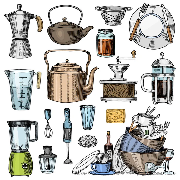 Kahve makinesi veya değirmeni, Fransız basın, ölçüm kapasitesi, kevgir veya blender. Şef ve kirli mutfak gereçleri, menü dekorasyon için şeyler yemek. oyulmuş elle çizilmiş eski kroki, vintage tarzı.