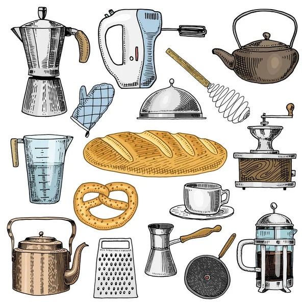 Rallador y batidor, sartén, cafetera o molinillo, prensa francesa, batidora y pan horneado. utensilios de cocina, utensilios de cocina para la decoración del menú. mano grabada dibujada en antiguo boceto y estilo vintage . — Archivo Imágenes Vectoriales