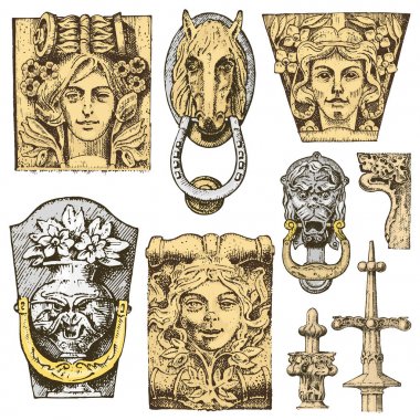 Detay eski klasik bina. mimari Dekoratif-süsleme elementler. Tuscan, Dorik, iyonik ve Roma sütun gösterilen. oyulmuş elle çizilmiş eski kroki, vintage ve antika, Barok ya da Gotik tarzı.