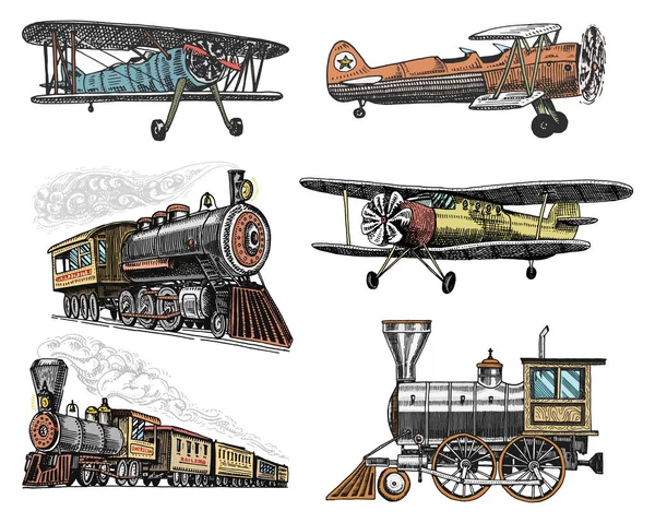 여객 열차와 비행기 corncob 또는 비행기 항공 여행 그림의 집합입니다. 오래 된 스케치 스타일, 빈티지 전송에 새겨진된 핸드. — 스톡 벡터
