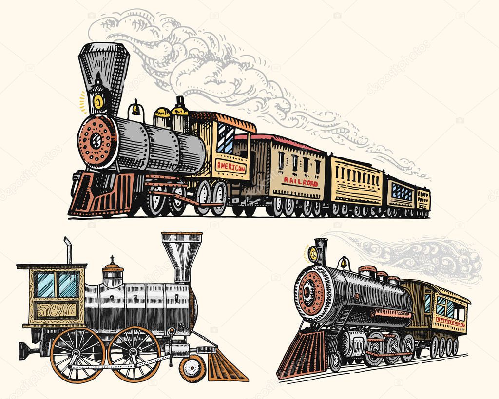 engraved vintage, hand drawn, old locomotive or train with steam on american railway. retro transport.