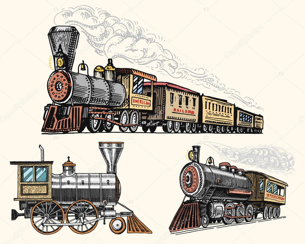 Engraved vintage, hand drawn, old locomotive or train with steam on american railway. retro transport