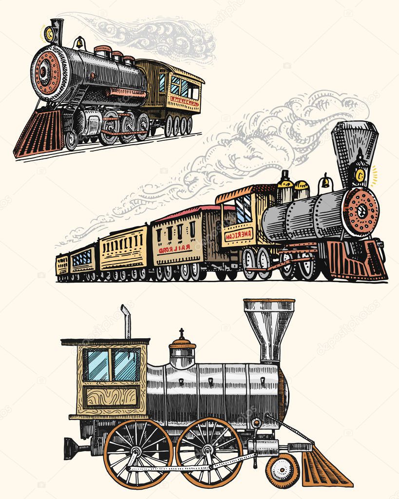 Engraved vintage, hand drawn, old locomotive or train with steam on american railway. retro transport