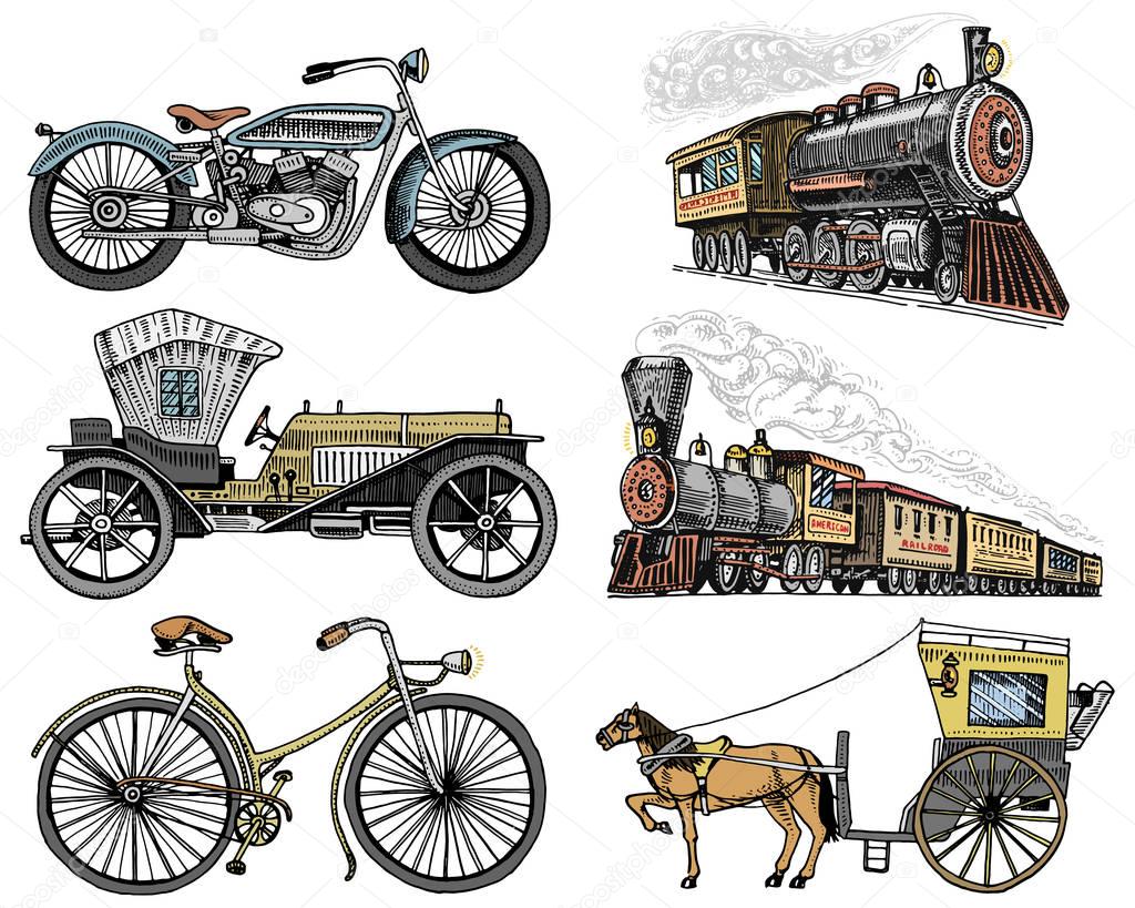 car, motorbike, Horse-drawn carriage, locomotive. engraved hand drawn in old sketch style, vintage passengers transport.