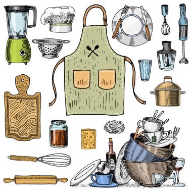 Önlük veya pinaphora ve Hood, oklava ve tencere veya corolla, ahşap tahta. Şef ve kirli mutfak gereçleri, menü dekorasyon için şeyler yemek. oyulmuş elle çizilmiş eski kroki ve vintage tarzı.