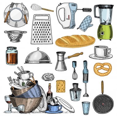 Rende ve fırçalamak, pan, Turk kahve, fincan çay, mikser ve pişmiş ekmek kızartma. kirli mutfak gereçleri, menü dekorasyon için şeyler yemek. oyulmuş elle çizilmiş eski kroki ve vintage tarzı.